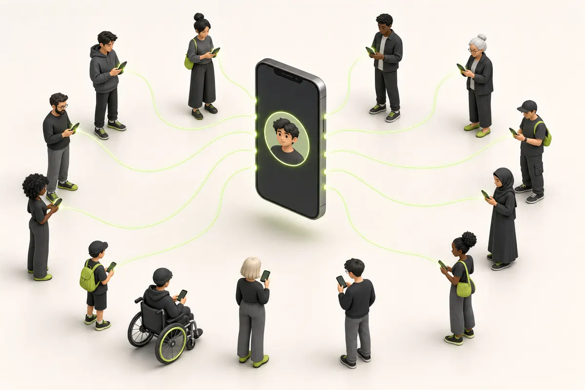 Ilustração: várias pessoas com o celular na mão seguindo o mesmo perfil pelo aplicativo de troca